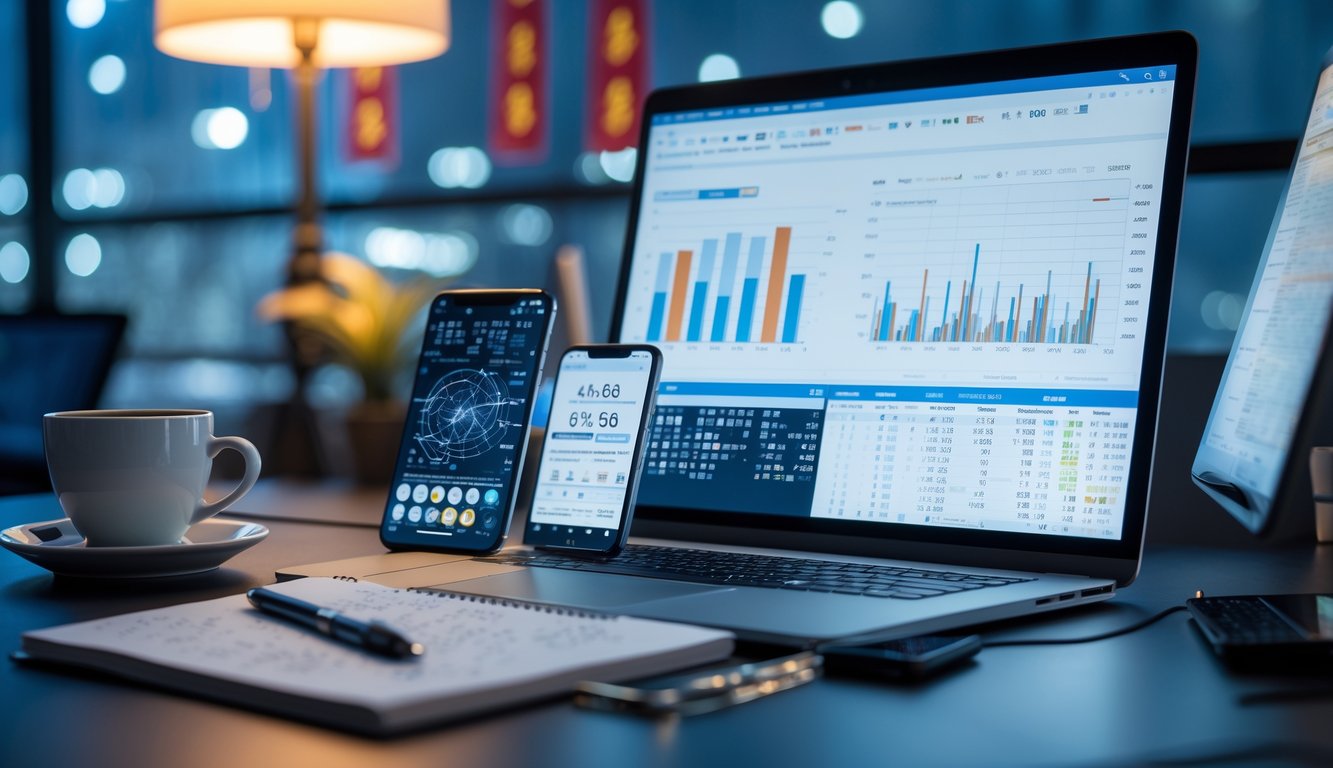 Meja kerja modern dengan laptop, smartphone, dan catatan hitungan yang menunjukkan aktivitas analisis data di lingkungan kantor.