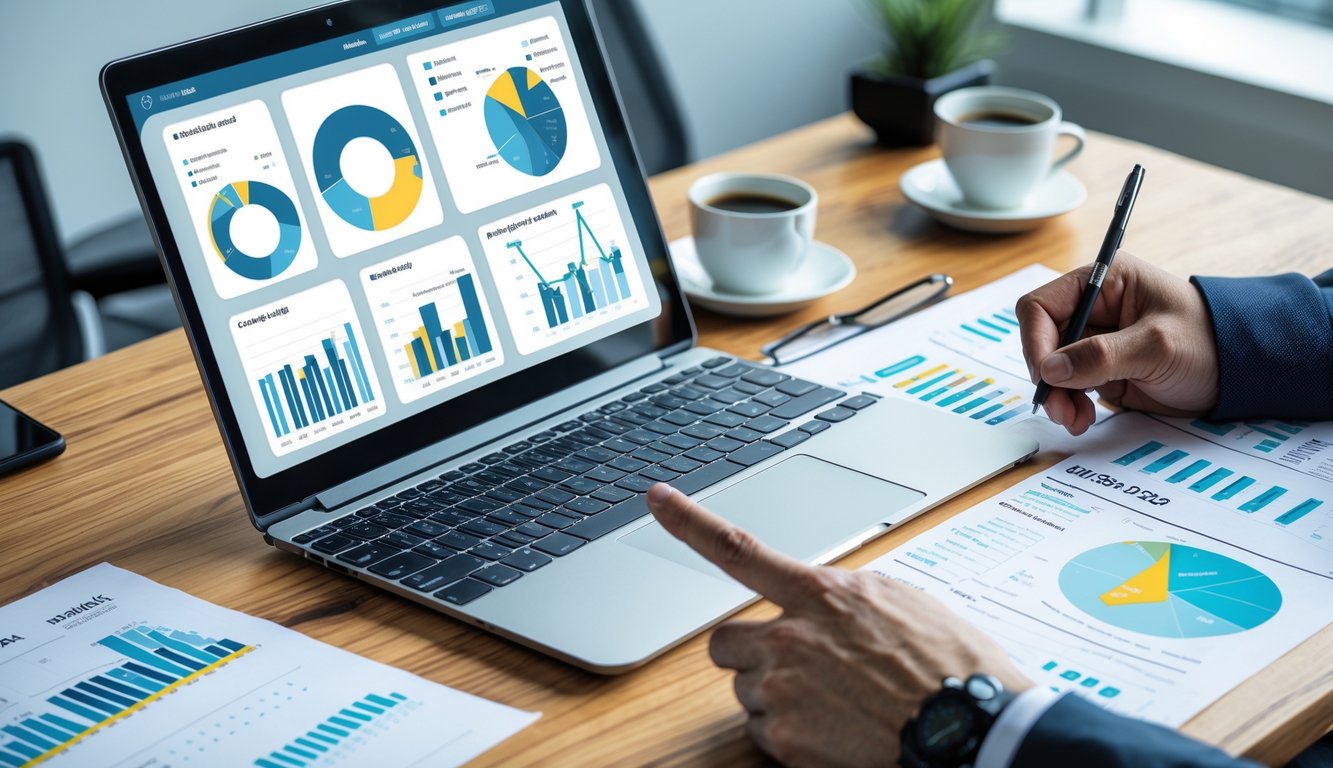 Seseorang sedang menganalisis data statistik di meja kerja dengan laptop dan kertas berisi grafik dan angka.