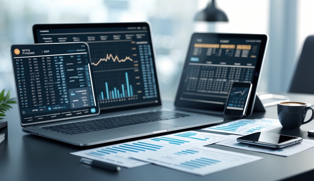 Meja kerja modern dengan laptop, tablet, dan smartphone yang menampilkan data dan grafik statistik togel.