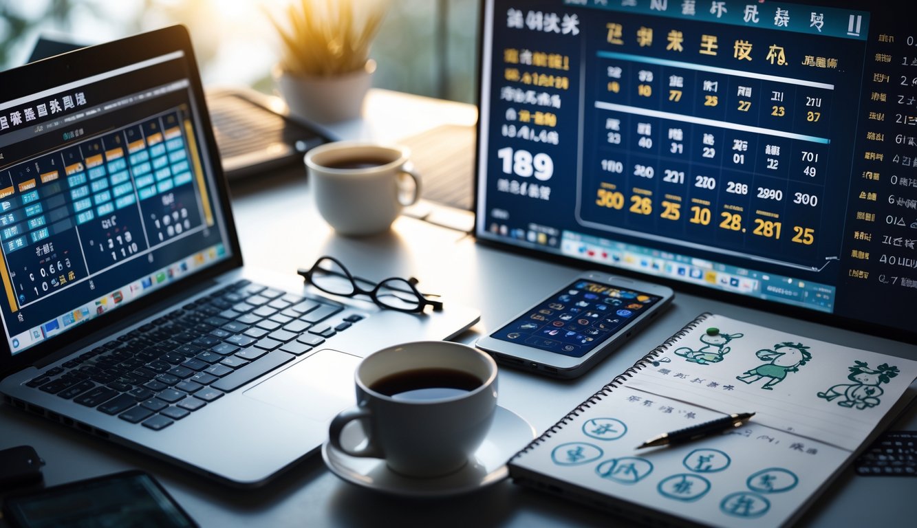 Meja kerja modern dengan laptop, smartphone, dan catatan yang menunjukkan prediksi togel malam hari di Taiwan beserta simbol shio.