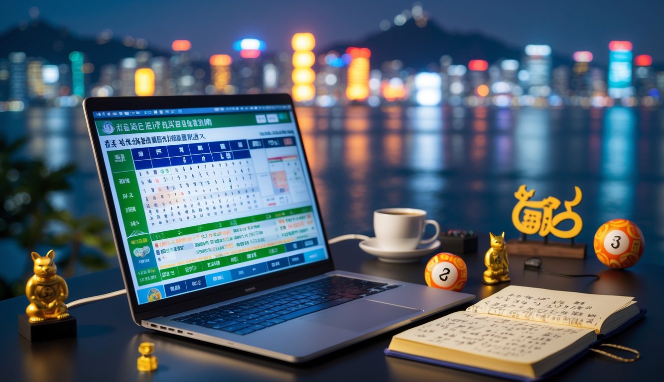 Meja kerja modern dengan laptop, catatan, dan simbol shio, dengan pemandangan kota Taipei malam hari di latar belakang.