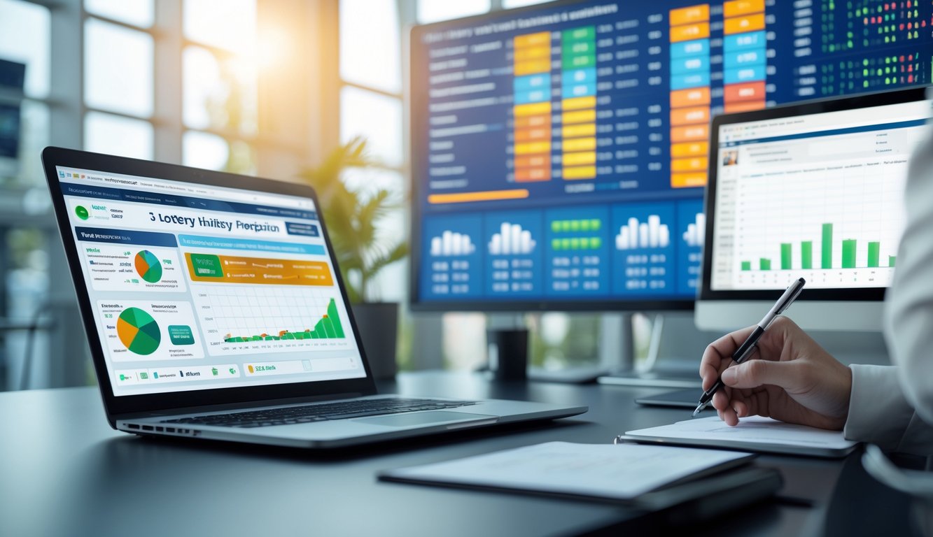 Seorang analis profesional sedang bekerja di meja dengan perangkat digital yang menampilkan grafik dan data angka togel terbaru.