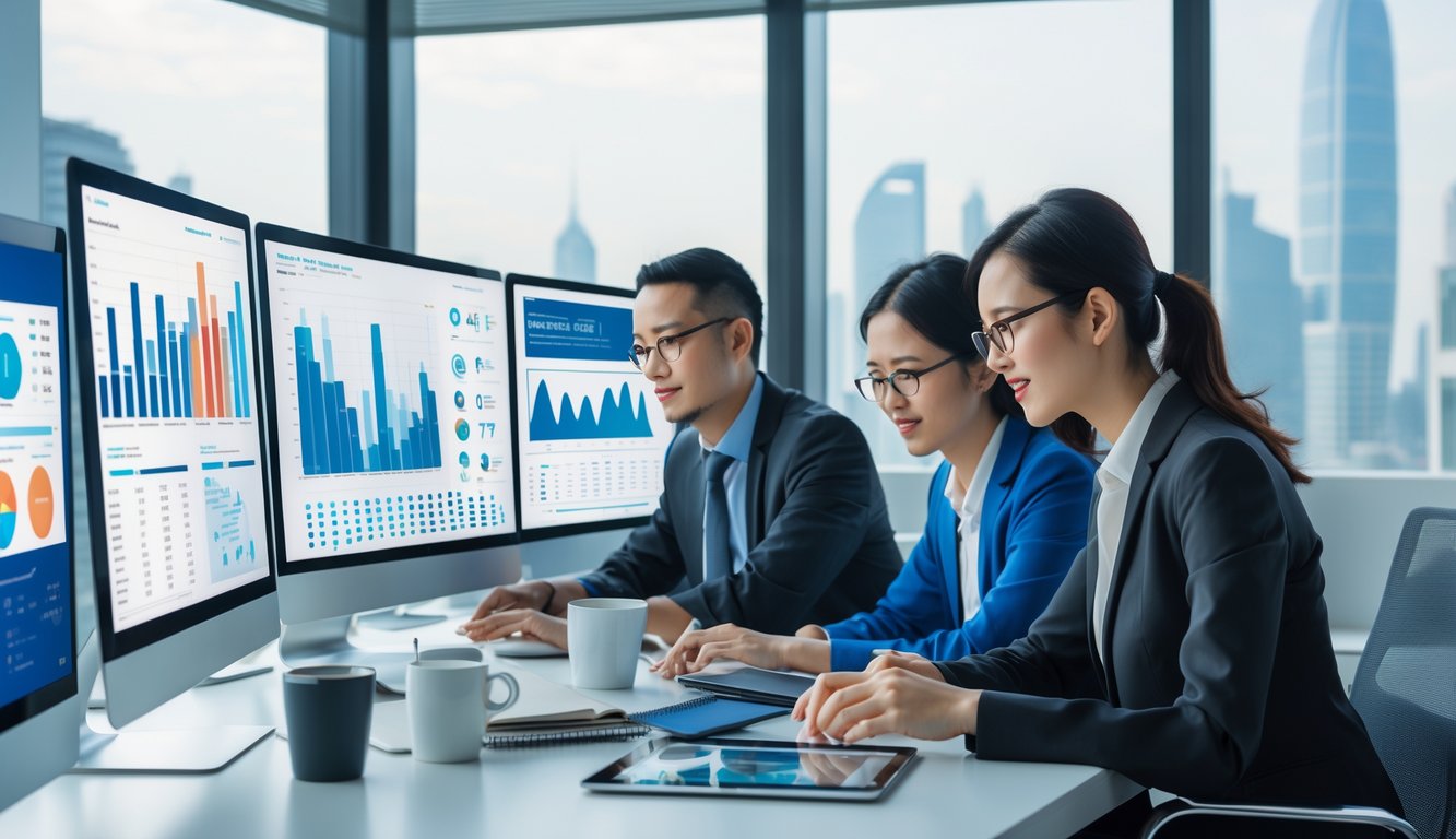 Sekelompok profesional sedang menganalisis data dan grafik di ruang kantor modern dengan pemandangan kota di luar jendela.