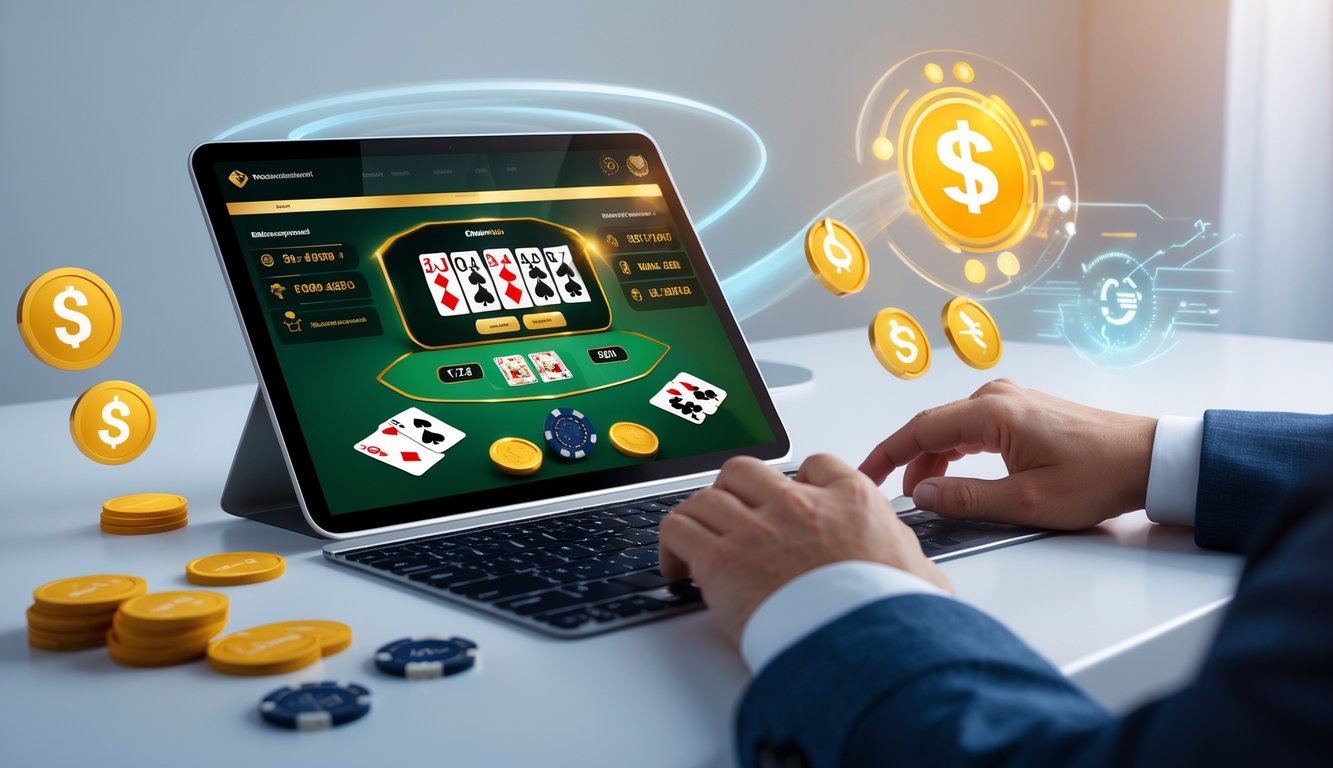 Tangan seseorang menggunakan perangkat digital dengan permainan blackjack online dan simbol transaksi cepat di latar belakang.