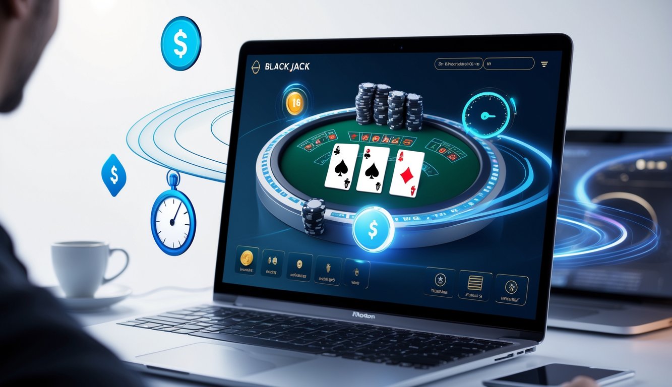 Sebuah perangkat digital menampilkan permainan blackjack online dengan kartu dan chip, dikelilingi ikon simbol transaksi cepat dan aman.