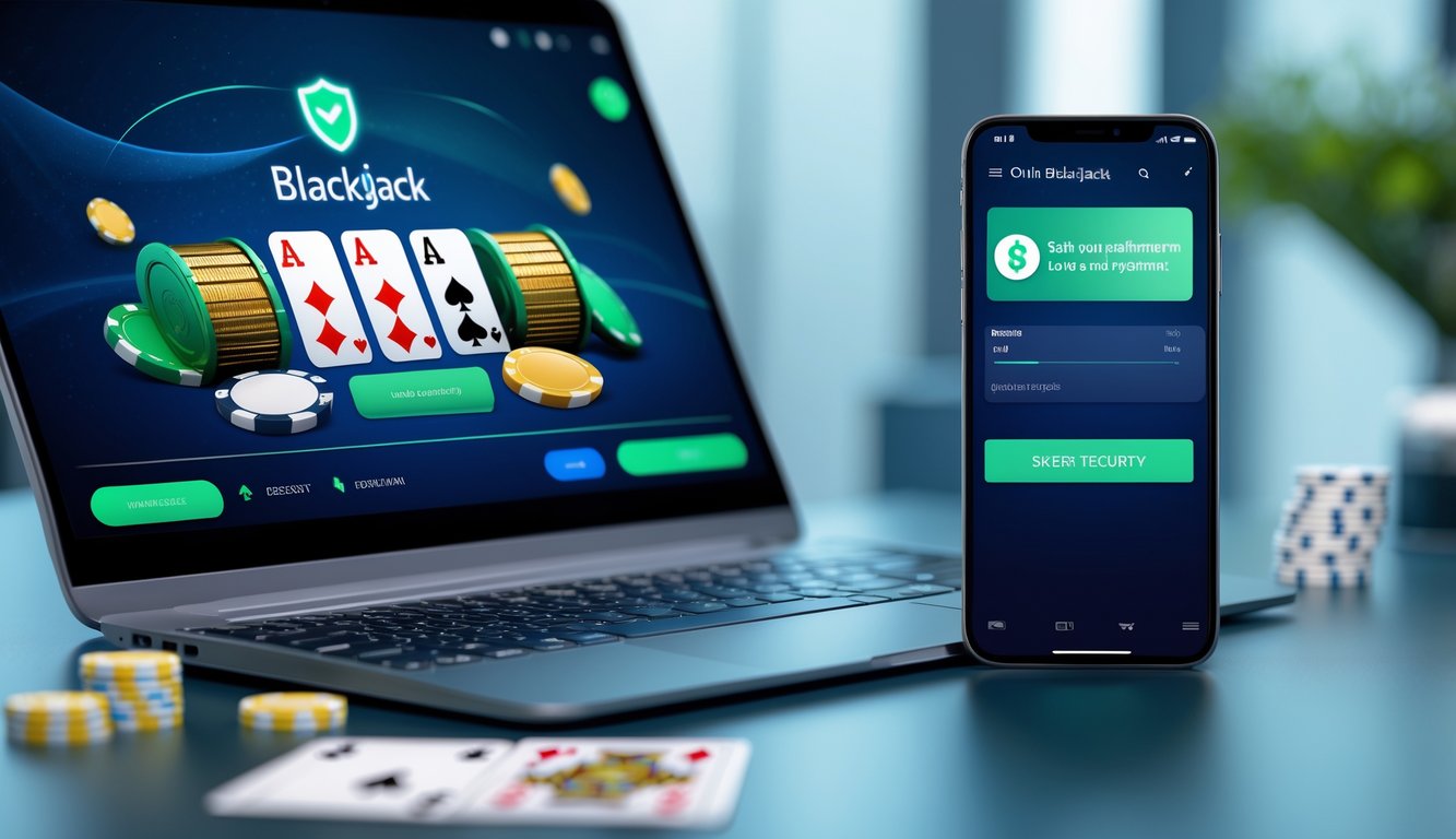 Seseorang menggunakan laptop dan smartphone untuk bermain blackjack online dengan tampilan pembayaran aman dan cepat.