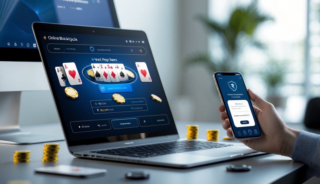 Sebuah setup permainan blackjack online dengan komputer dan ponsel yang menunjukkan layar permainan dan konfirmasi pembayaran di lingkungan kantor yang bersih dan terang.
