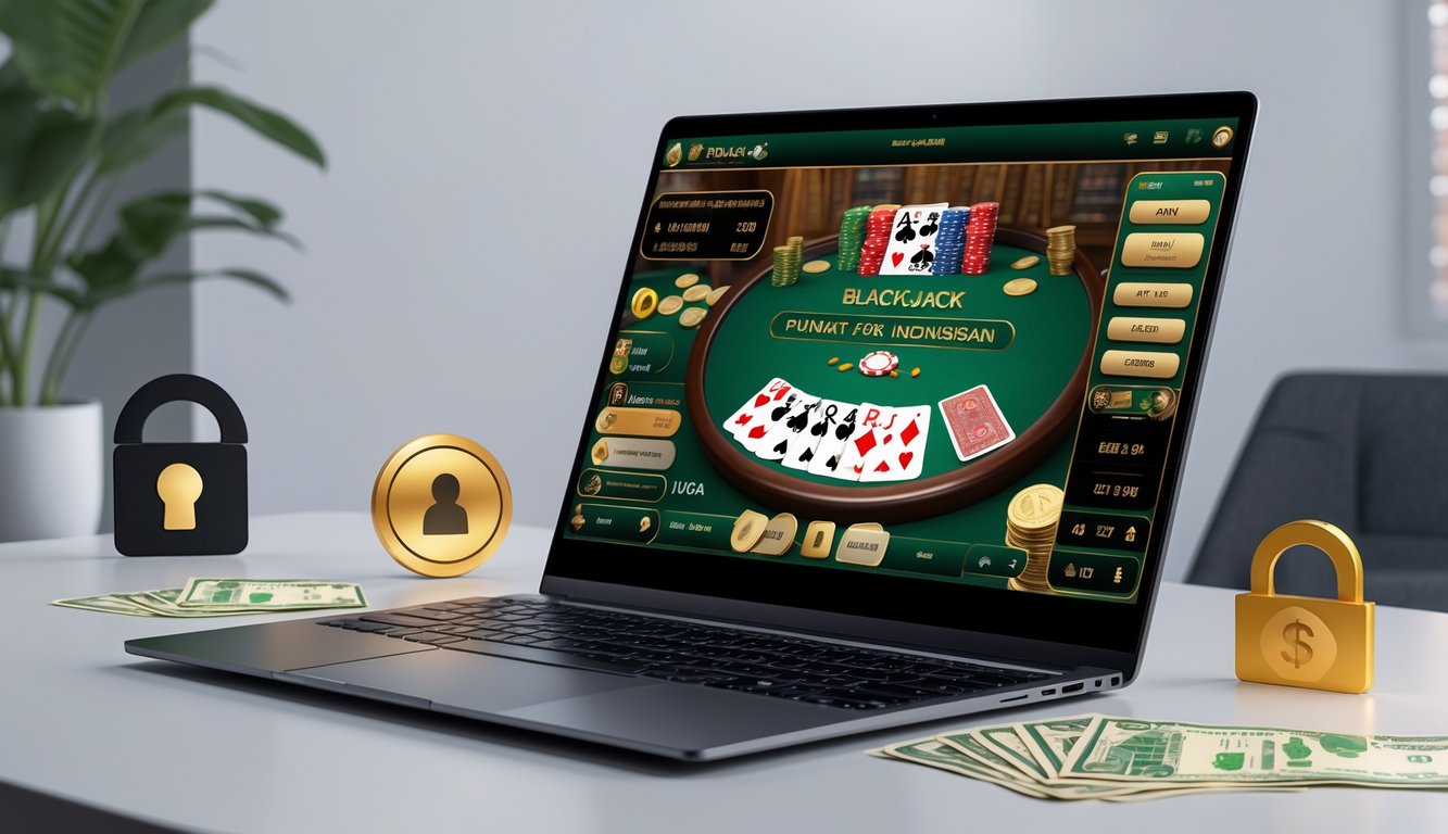 Seorang pemain menggunakan laptop dengan tampilan permainan blackjack online, dikelilingi oleh simbol pembayaran cepat dan terpercaya serta uang rupiah.