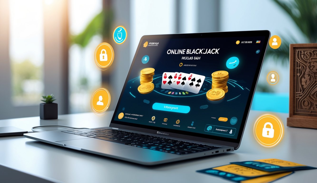 Seorang pemain menggunakan laptop dengan permainan blackjack online yang terlihat di layar, dikelilingi simbol keamanan dan pembayaran cepat, di ruang kerja yang rapi dengan sentuhan budaya Indonesia.