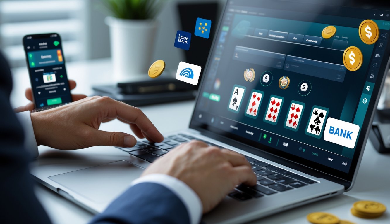 Seseorang menggunakan komputer dengan permainan blackjack online di layar, dikelilingi oleh ikon e-wallet dan bank lokal sebagai metode pembayaran.