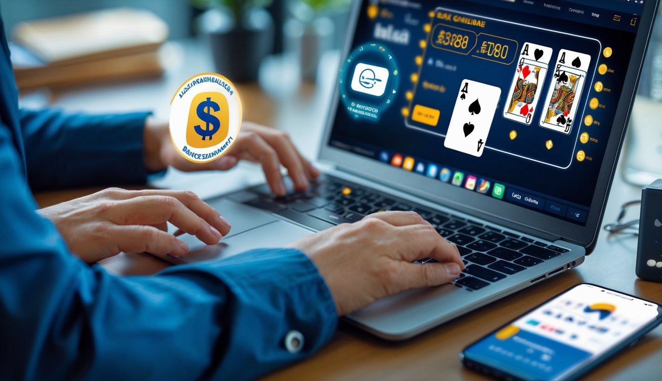 Seseorang menggunakan komputer dengan permainan blackjack online di layar, dikelilingi ikon pembayaran digital dan simbol bank lokal.