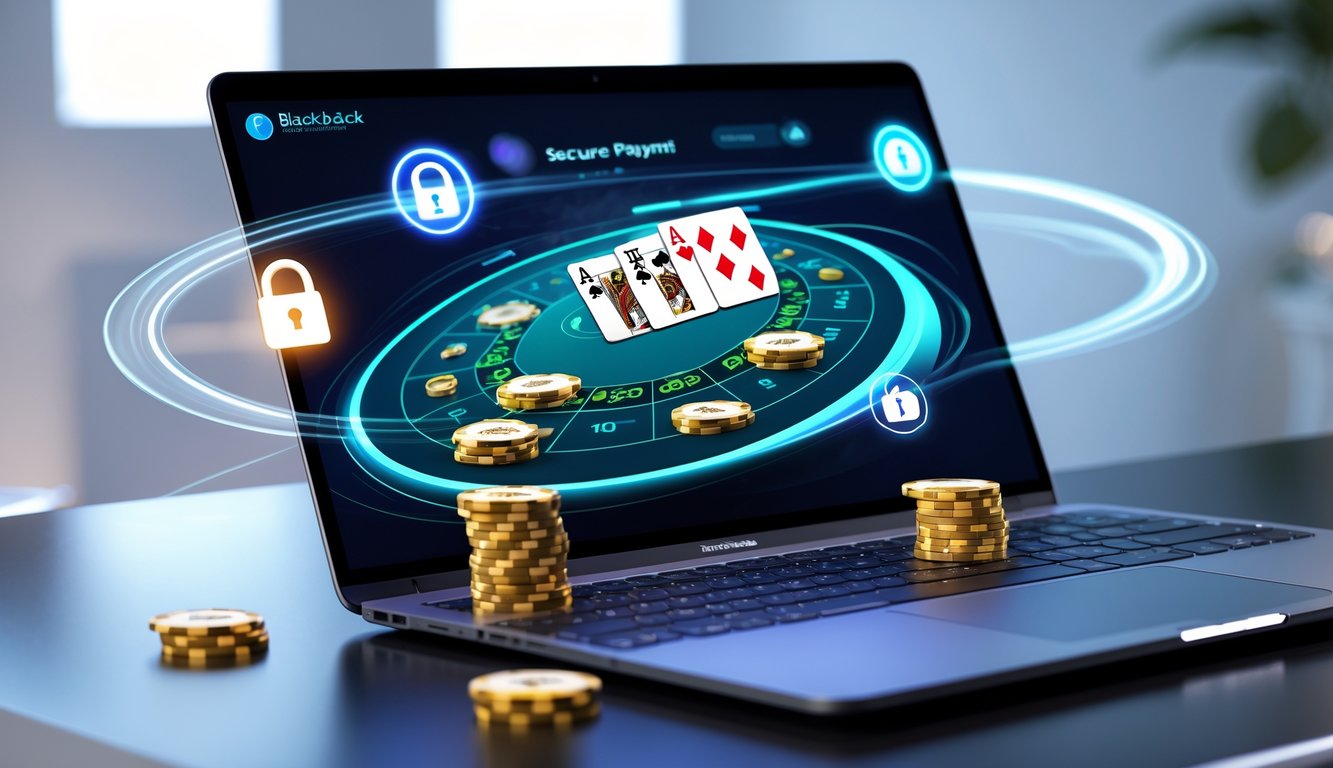 Seseorang menggunakan laptop atau ponsel dengan permainan blackjack online di layar, dikelilingi simbol keamanan dan kecepatan pembayaran.