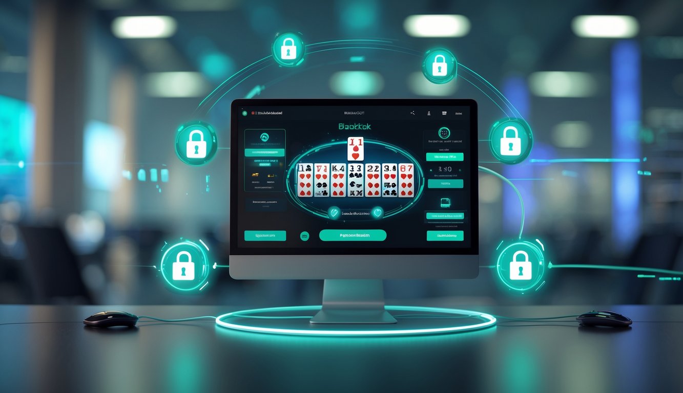 Tampilan layar perangkat dengan permainan blackjack online dan ikon pembayaran digital yang menunjukkan transaksi cepat dan aman 24 jam.