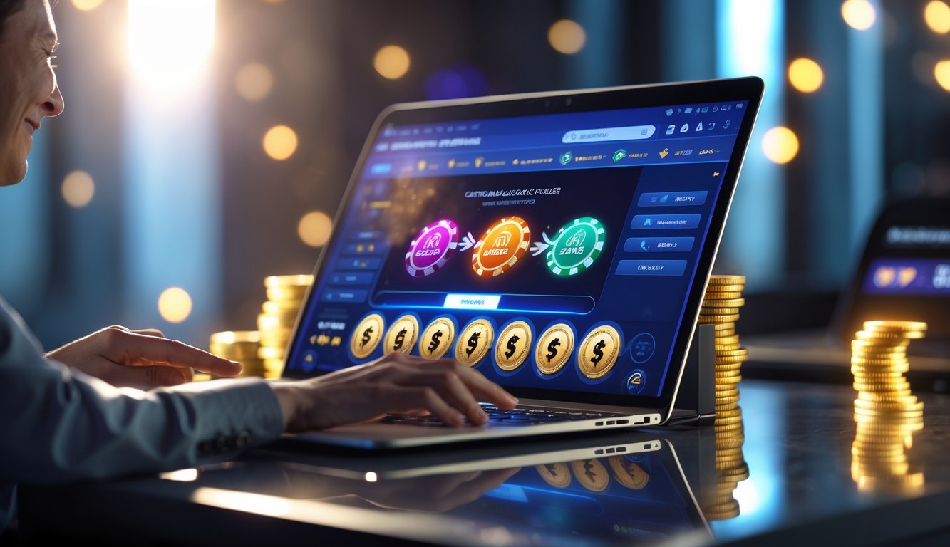 Seorang pemain sedang menikmati permainan blackjack online di depan komputer dengan tampilan permainan yang cerah dan elemen simbol bonus serta pembayaran cepat di sekitarnya.