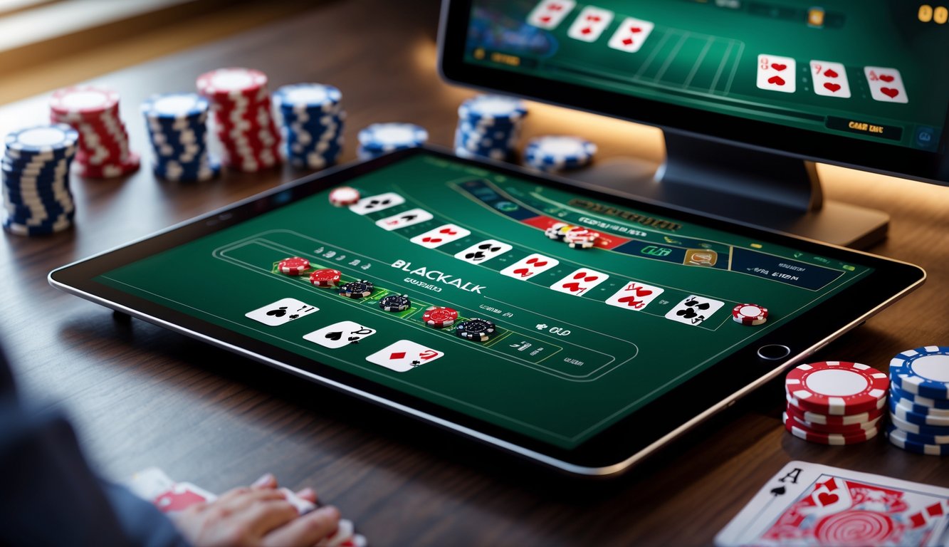 Sebuah tampilan meja blackjack online dengan layar komputer yang menampilkan permainan blackjack, chip poker, kartu, dan tumpukan uang di sekitar meja.