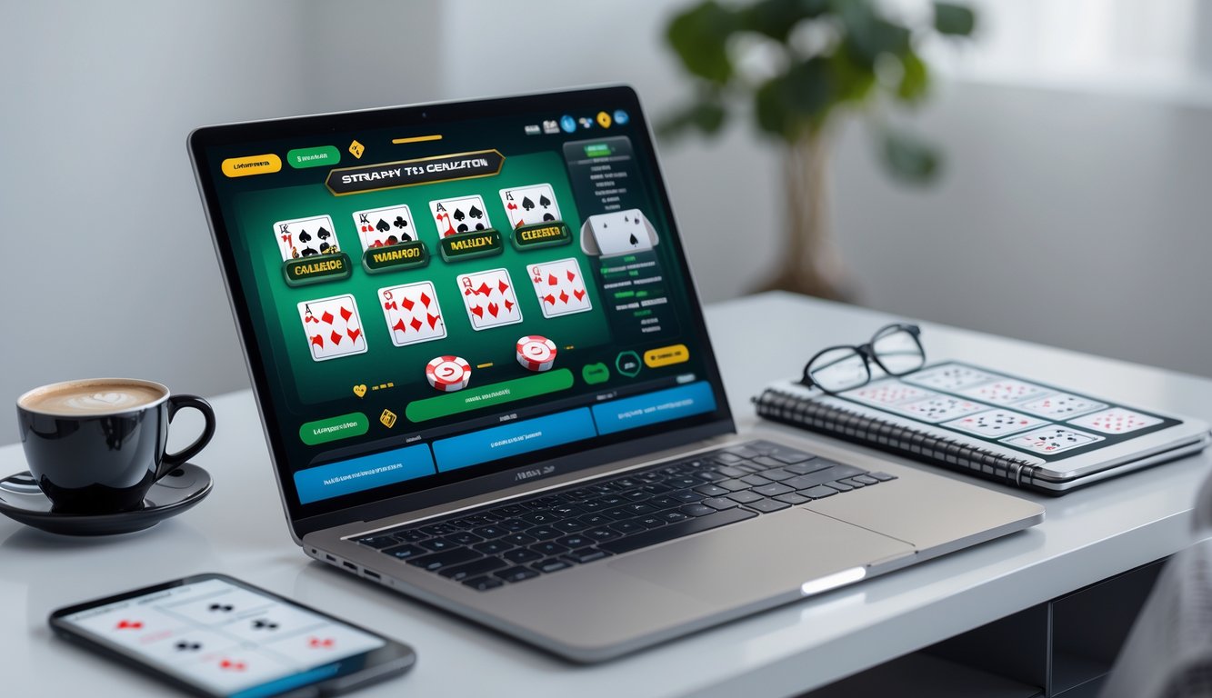 Seorang pemain sedang menggunakan laptop untuk bermain blackjack online dengan catatan strategi di sebelahnya di meja kerja yang rapi.