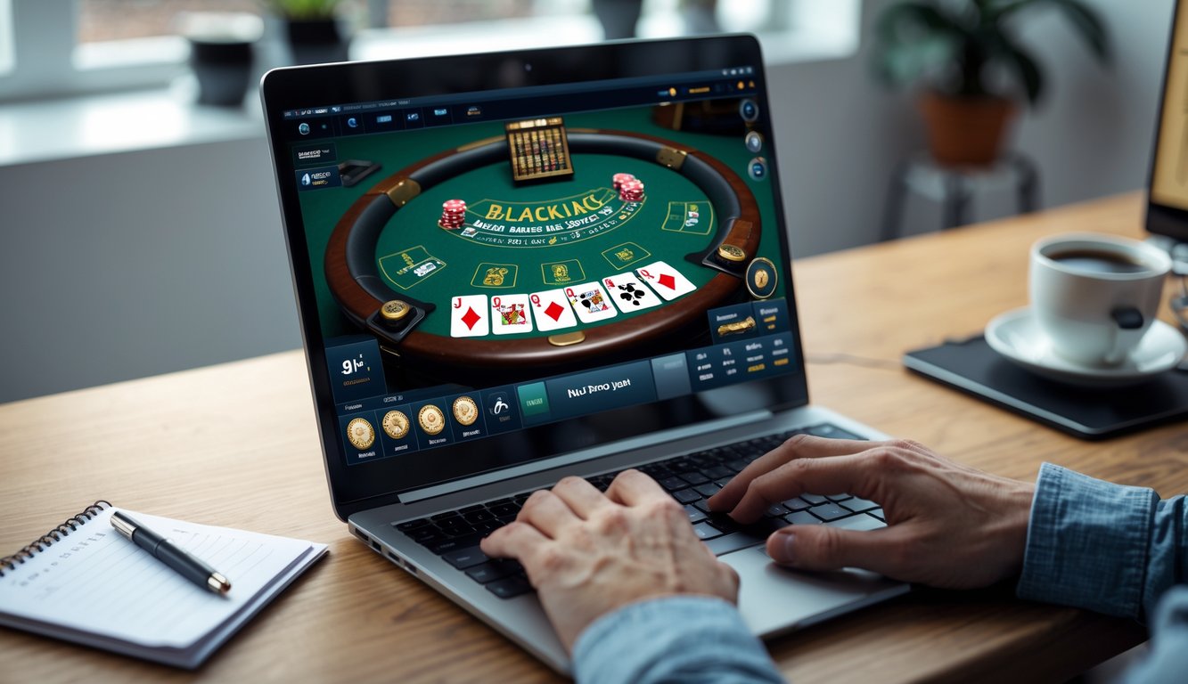 Seseorang sedang bermain blackjack online di depan komputer dengan kartu dan chip terlihat di layar.