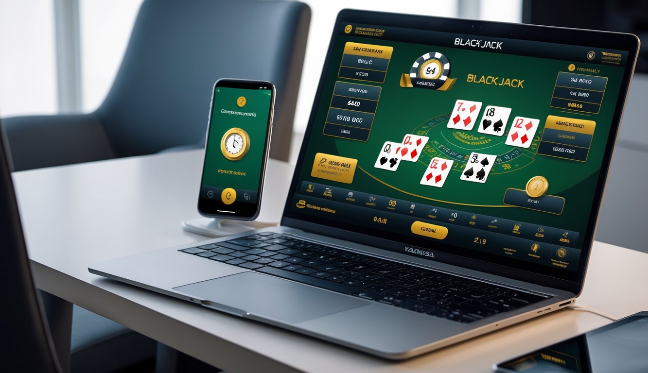 Seorang pengguna bermain blackjack online di laptop dengan tampilan layanan pelanggan aktif dan jam yang menunjukkan layanan 24 jam.