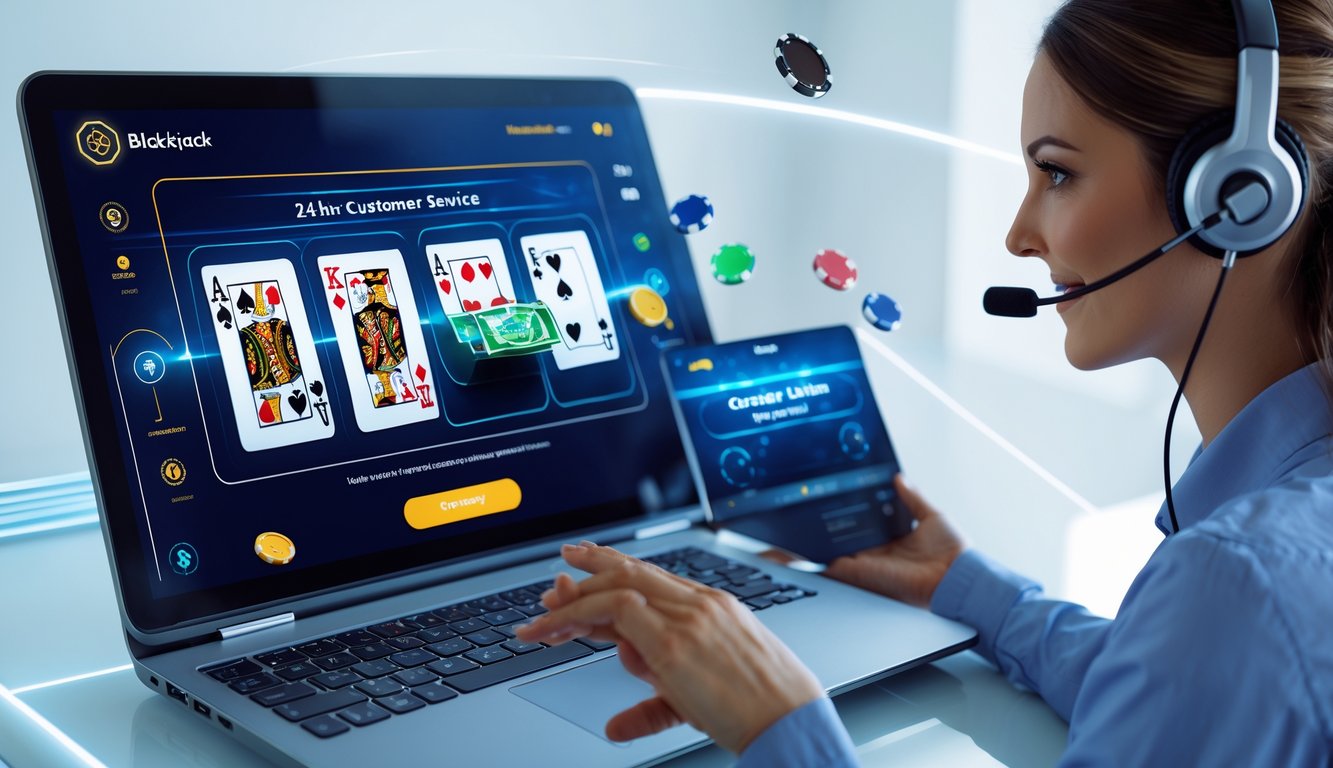 Seorang perwakilan layanan pelanggan dengan headset membantu pemain blackjack online yang tampil di layar laptop dalam suasana yang profesional dan modern.