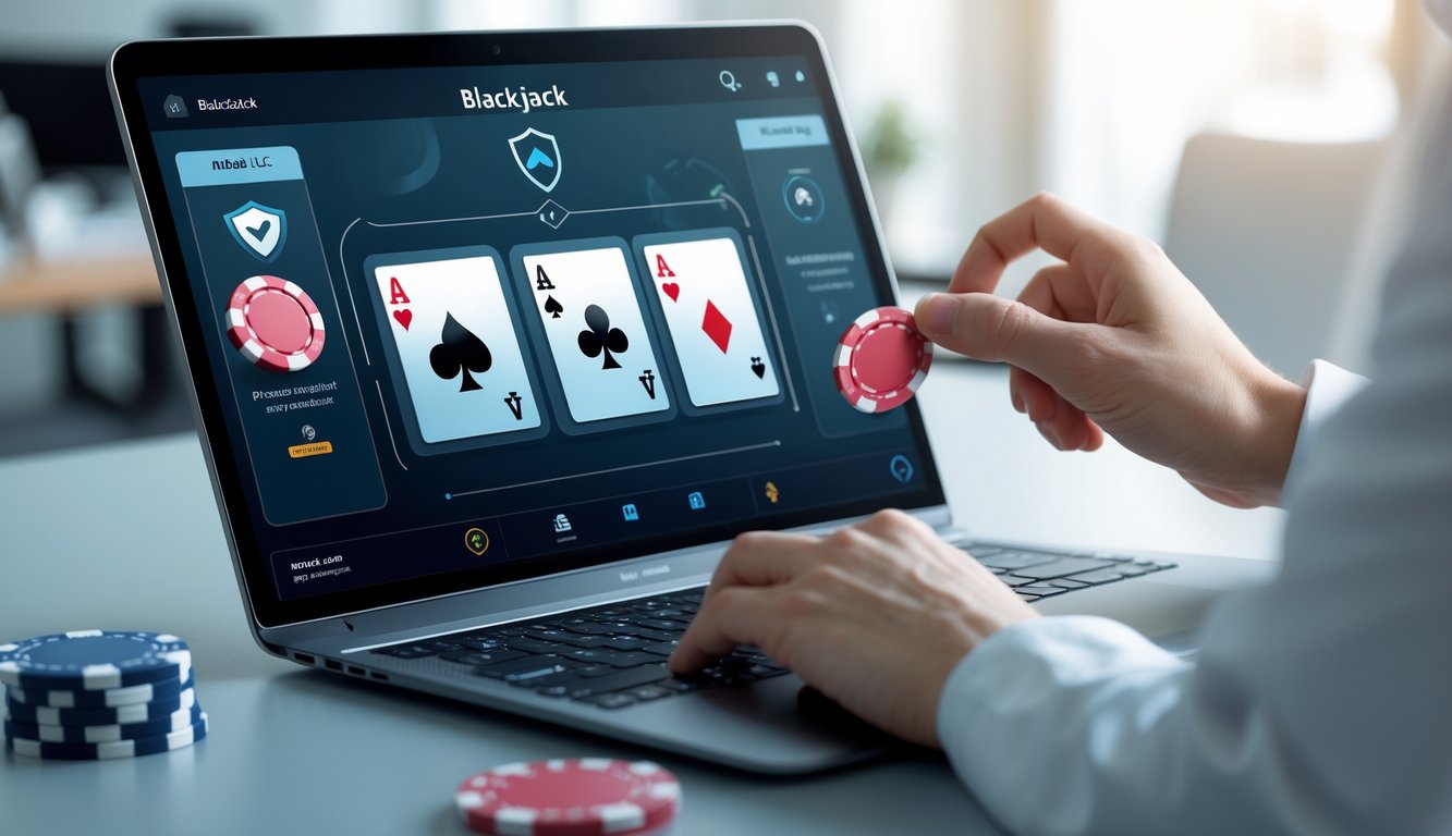 Seorang pemain menggunakan perangkat digital untuk bermain blackjack online dengan tampilan kartu dan chip di layar, di meja yang rapi dan aman.