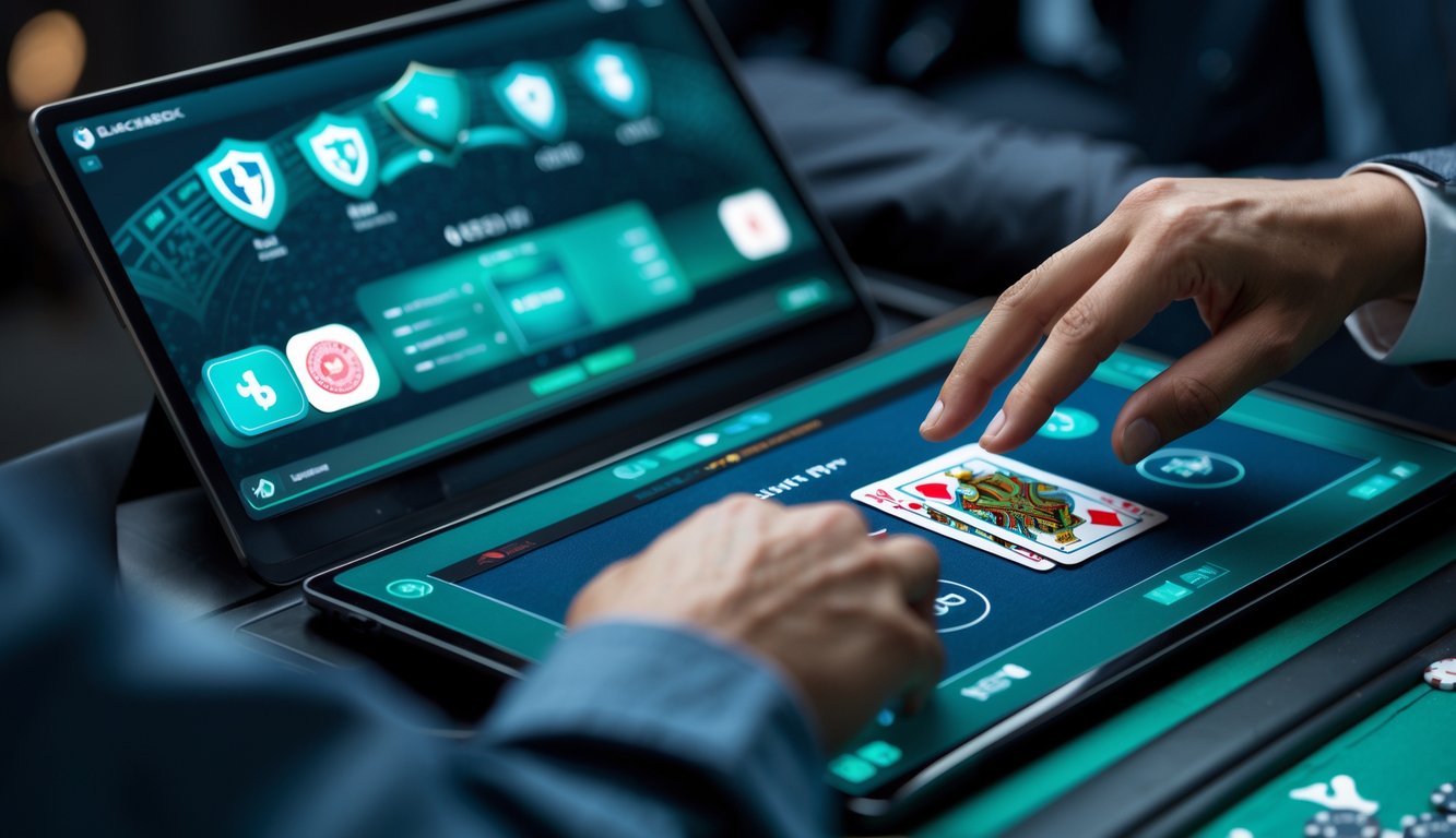 Seseorang menggunakan layar sentuh untuk bermain blackjack online dengan tampilan meja kartu dan chip di layar.