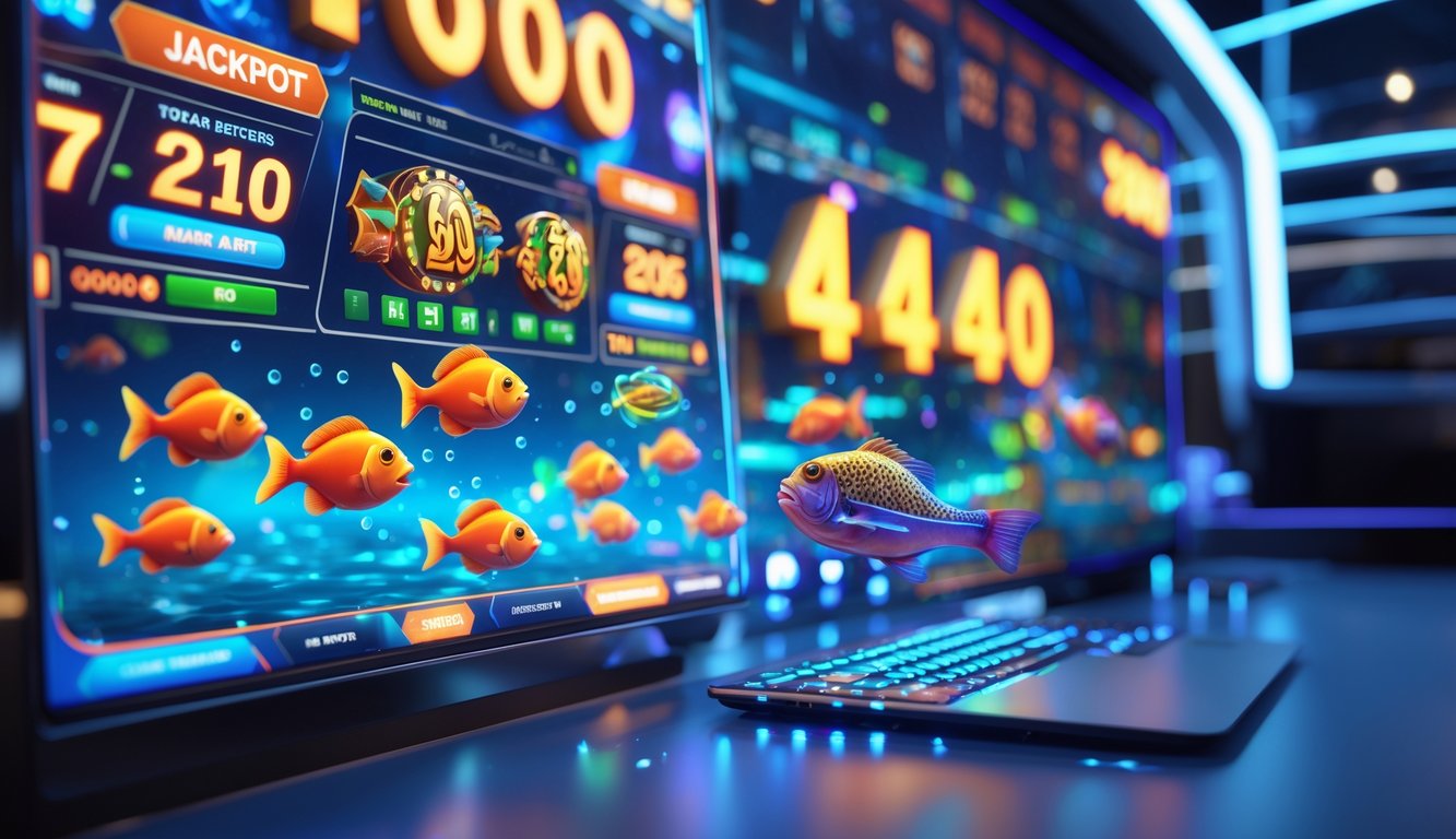 Layar perangkat digital menampilkan permainan tembak ikan online dengan ikan berwarna-warni dan angka jackpot besar yang menyala, menunjukkan suasana permainan yang seru dan menarik.