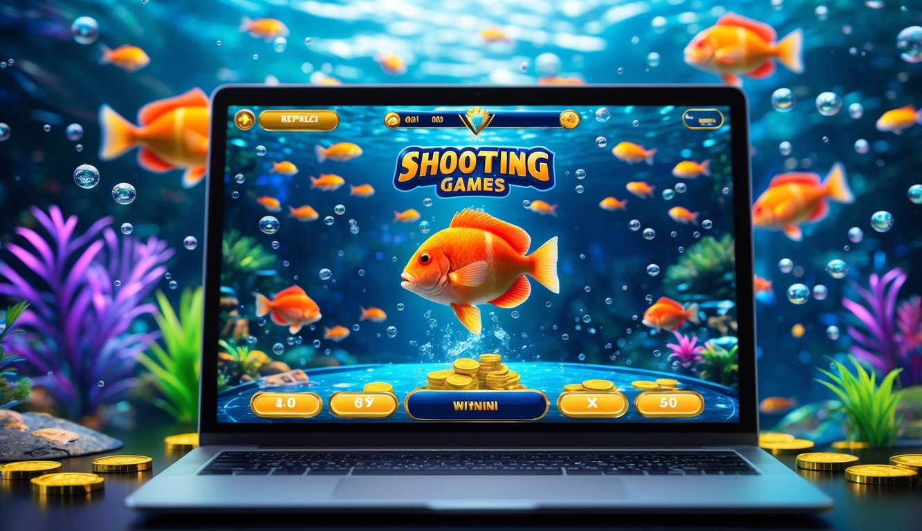 Layar perangkat modern menampilkan permainan tembak ikan dengan latar bawah laut berwarna-warni dan ikan tropis.