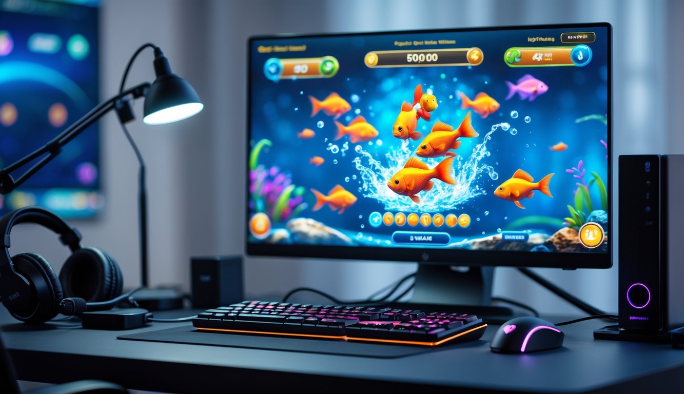 Seorang pemain sedang menggunakan komputer dengan permainan tembak ikan online yang menampilkan ikan berwarna-warni di layar.