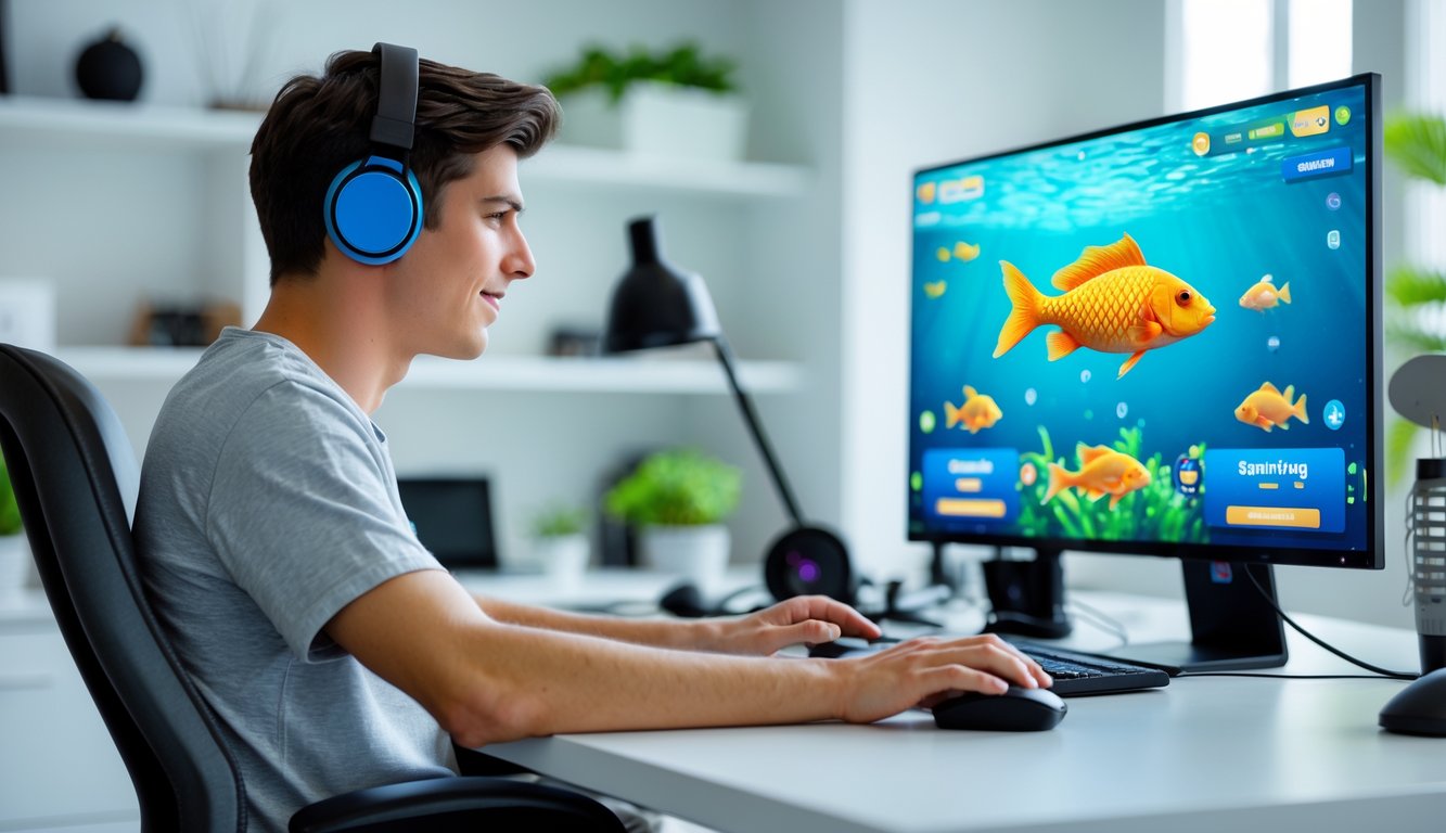 Seorang pria muda duduk di depan komputer dengan layar menampilkan permainan tembak ikan online, terlihat fokus dan santai di ruang kerja rumah yang rapi.