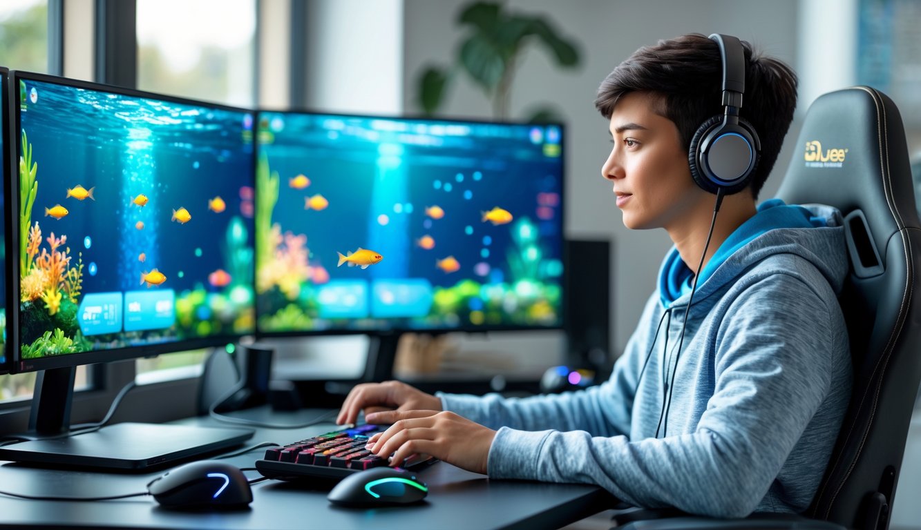Seorang dewasa muda sedang duduk di depan komputer dengan layar menampilkan permainan tembak ikan online, terlihat fokus dan serius bermain di ruang kerja yang rapi.