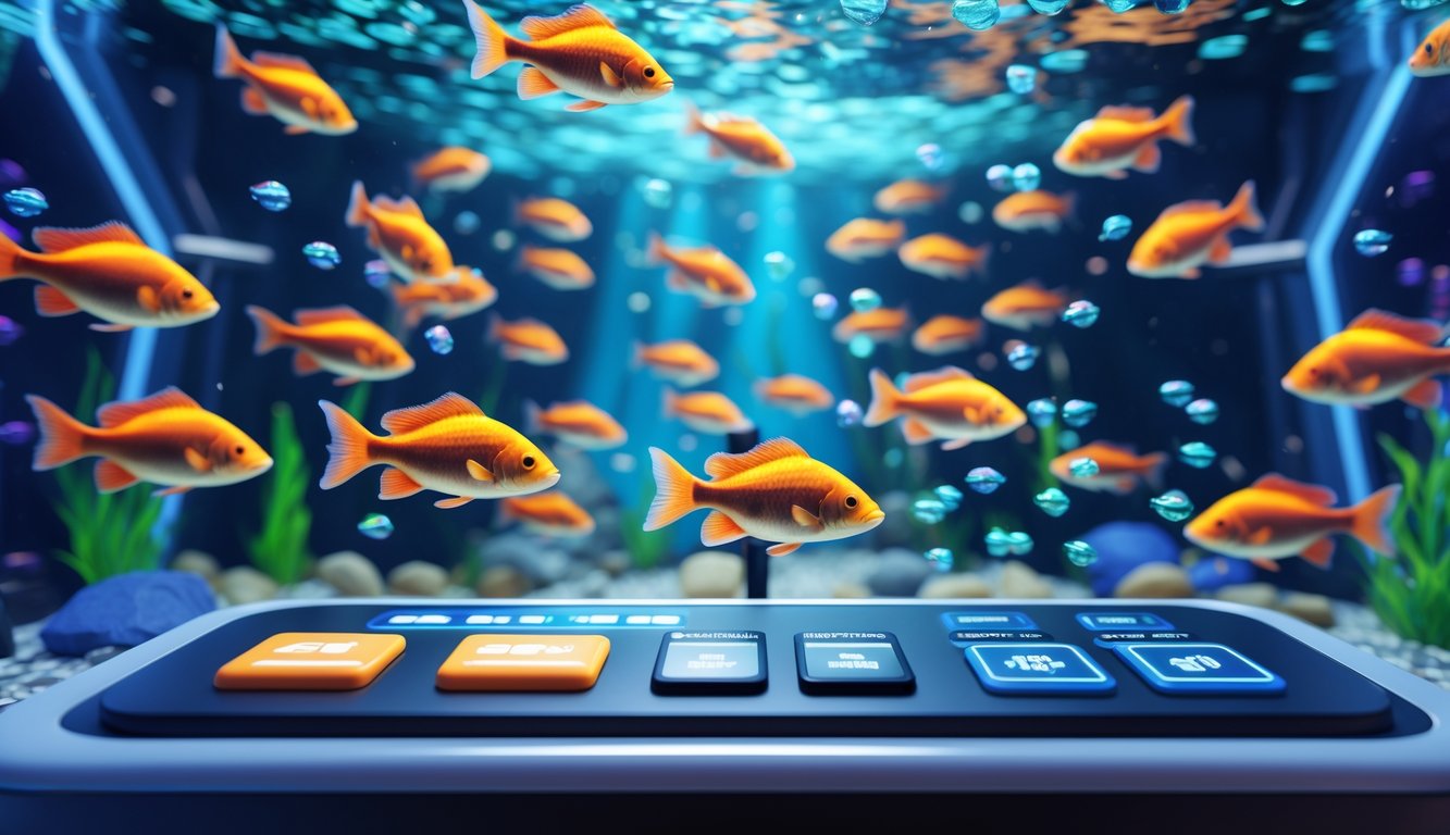 Antarmuka permainan tembak ikan online dengan ikan warna-warni berenang dan panel kontrol yang mudah digunakan.