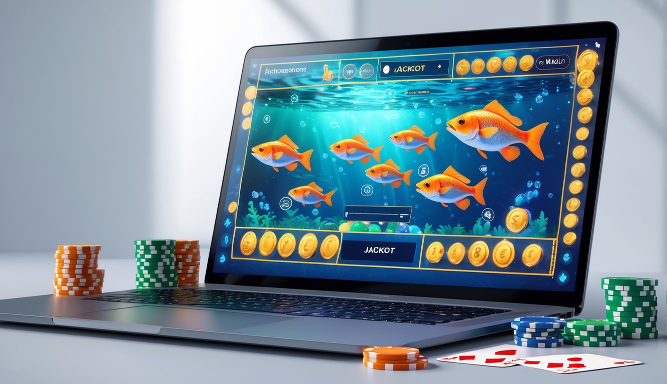Sebuah layar komputer menampilkan permainan judi tembak ikan dengan ikan warna-warni dan ikon jackpot, dikelilingi oleh chip poker dan kartu bermain di atas meja.