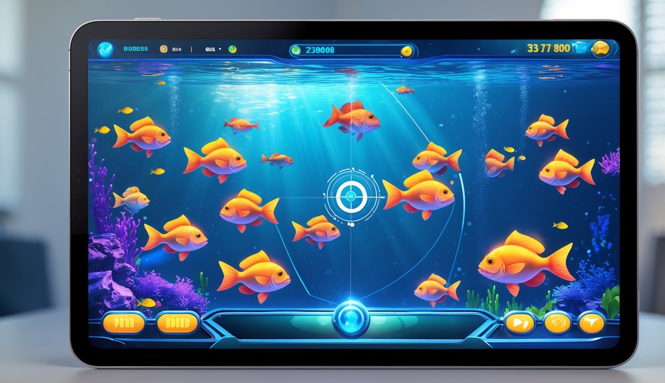 Layar komputer menampilkan permainan tembak ikan online dengan ikan berwarna-warni dan tanda bidik yang mengarah ke ikan.