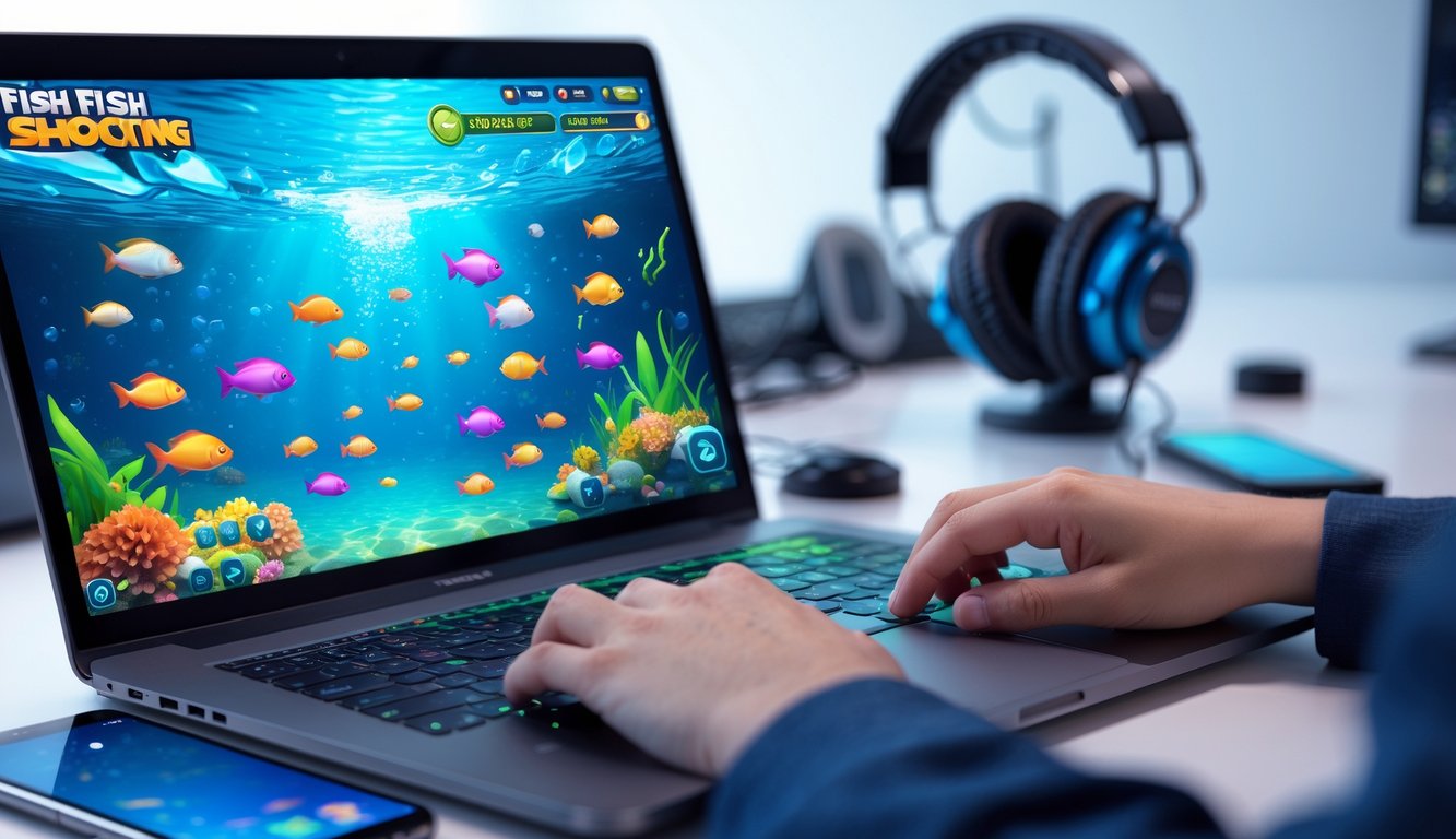 Seseorang bermain game tembak ikan online di komputer dengan latar belakang meja kerja dan aksesori gaming.