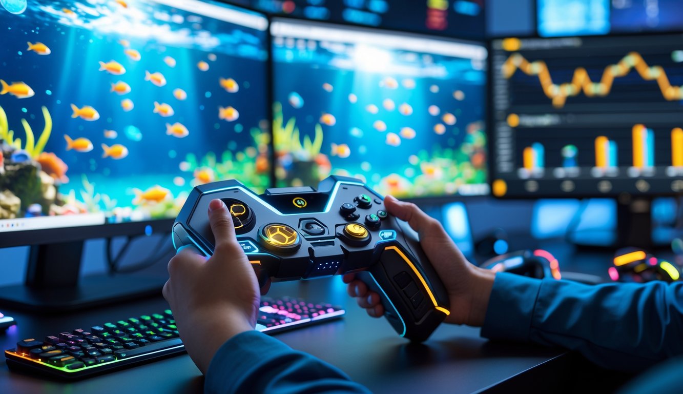 Seorang pemain menggunakan kontroler gaming futuristik di depan komputer dengan layar yang menampilkan permainan tembak ikan online yang penuh warna.