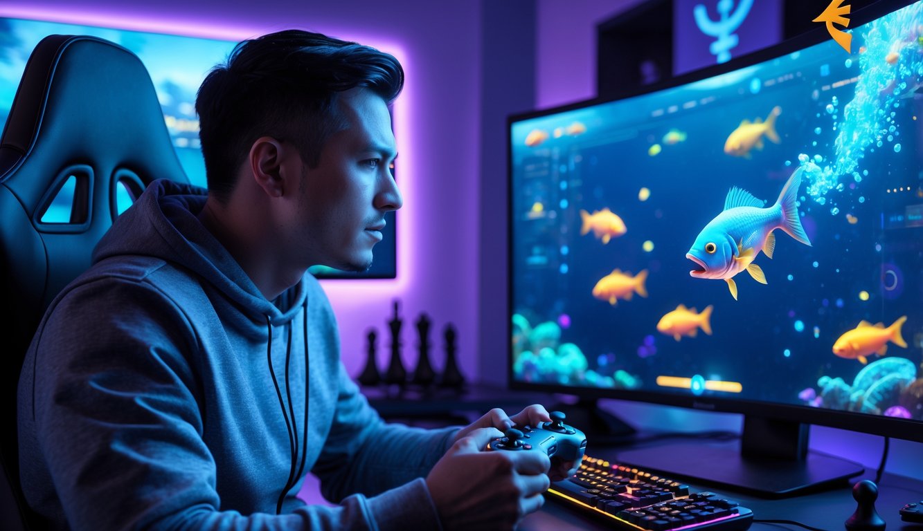Seorang pria dewasa sedang bermain game tembak ikan online dengan fokus di depan layar komputer dalam ruangan gaming yang modern.
