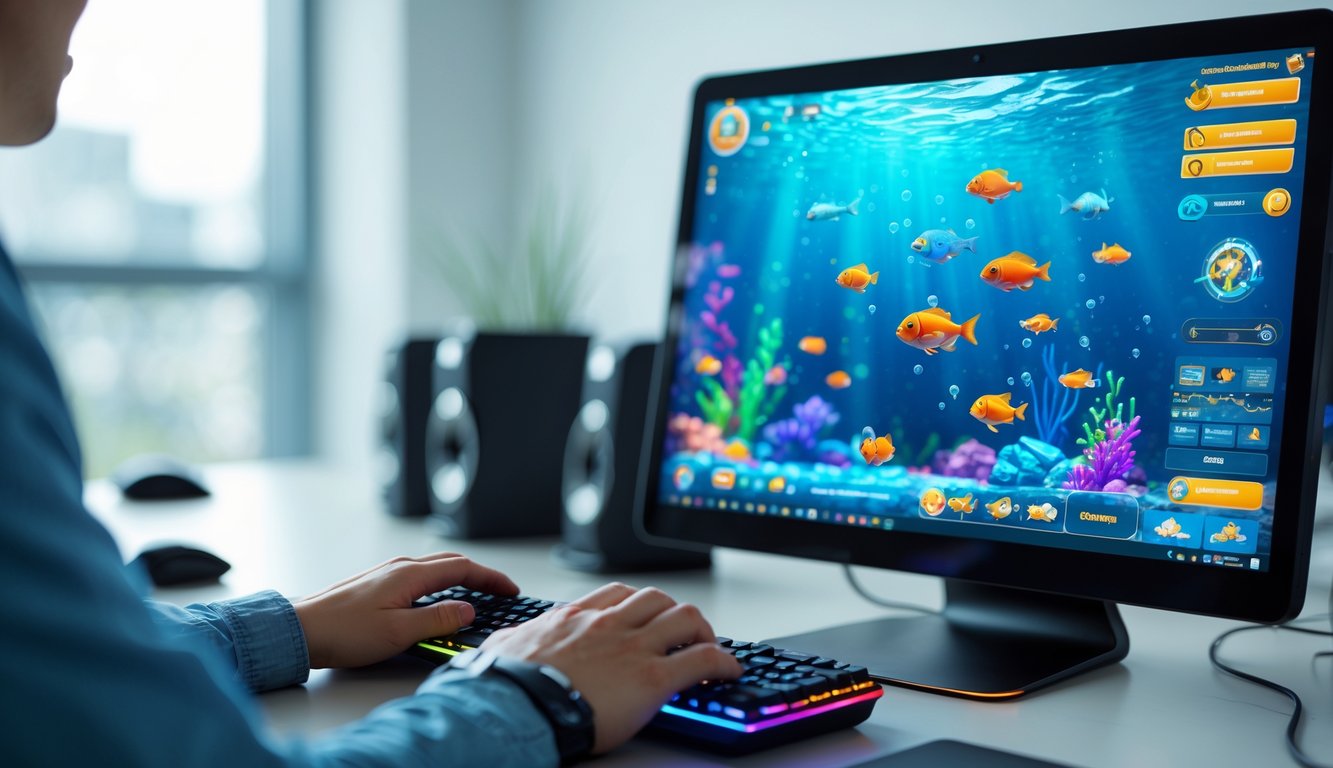 Seseorang bermain game tembak ikan online di komputer dengan layar menampilkan ikan berwarna-warni di lingkungan kerja yang bersih dan terang.