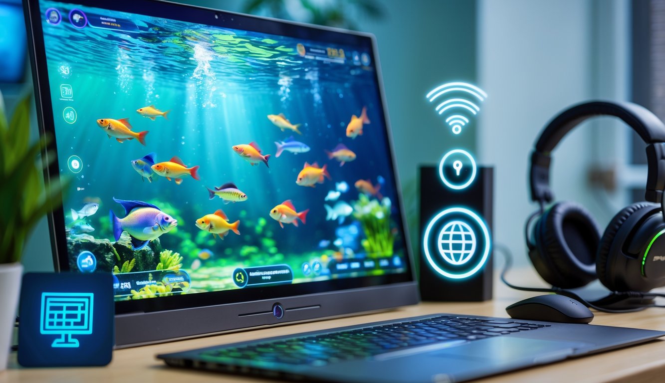 Layar komputer menampilkan permainan tembak ikan online dengan berbagai ikan berwarna-warni, dikelilingi oleh simbol koneksi internet dan perangkat gaming di atas meja modern.