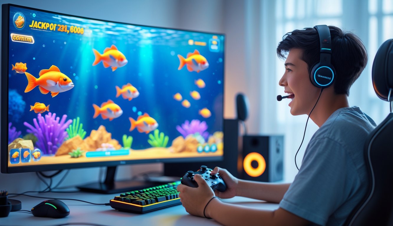 Seorang dewasa muda sedang bermain game menembak ikan online di depan komputer dengan ekspresi fokus dan antusias di ruang kerja modern.