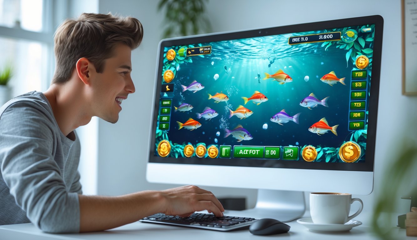 Seorang pria muda sedang bermain game judi tembak ikan online di depan komputer di ruang kerja yang terang dan rapi.