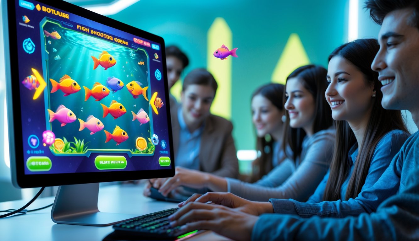 Orang-orang muda bermain permainan tembak ikan online di komputer dengan latar belakang modern dan suasana ceria.