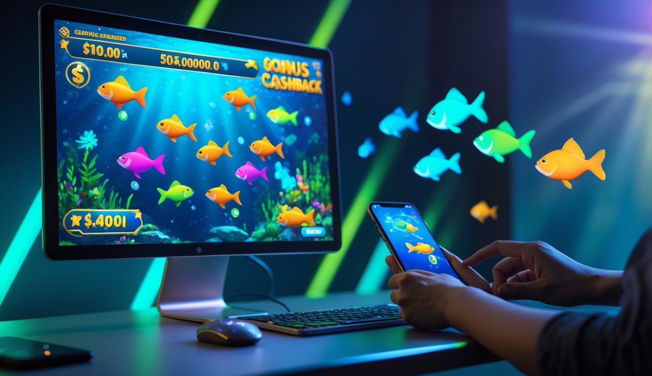 Seorang pemain sedang bermain game tembak ikan online di komputer dan ponsel dengan layar berwarna cerah menampilkan ikan-ikan digital yang bergerak, di ruang kerja modern dengan pencahayaan biru dan hijau.