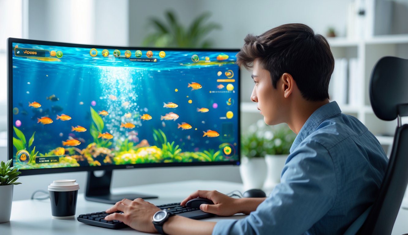 Seorang pria muda sedang fokus bermain permainan tembak ikan online di depan komputer di ruang kerja modern.