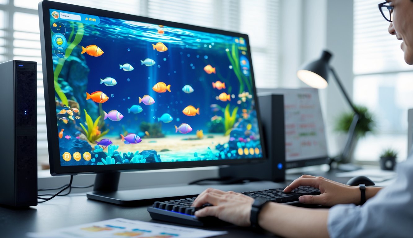 Seorang pemain menggunakan komputer dengan layar menampilkan permainan tembak ikan online berwarna-warni di lingkungan kerja yang rapi dan terorganisir.
