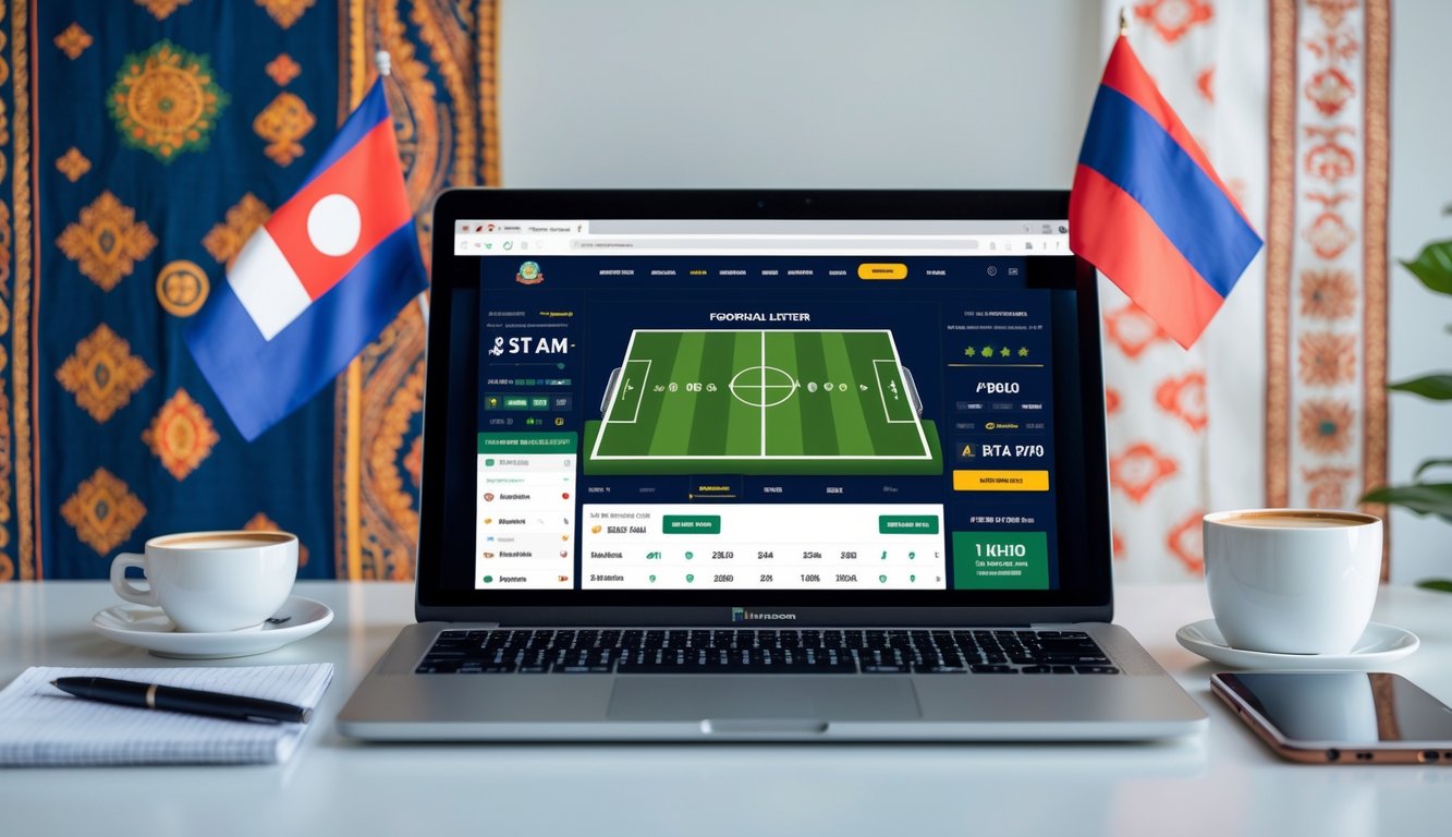 Seseorang menggunakan laptop dan smartphone untuk taruhan sepak bola online dengan latar meja kerja yang rapi dan bendera Indonesia kecil di sampingnya.