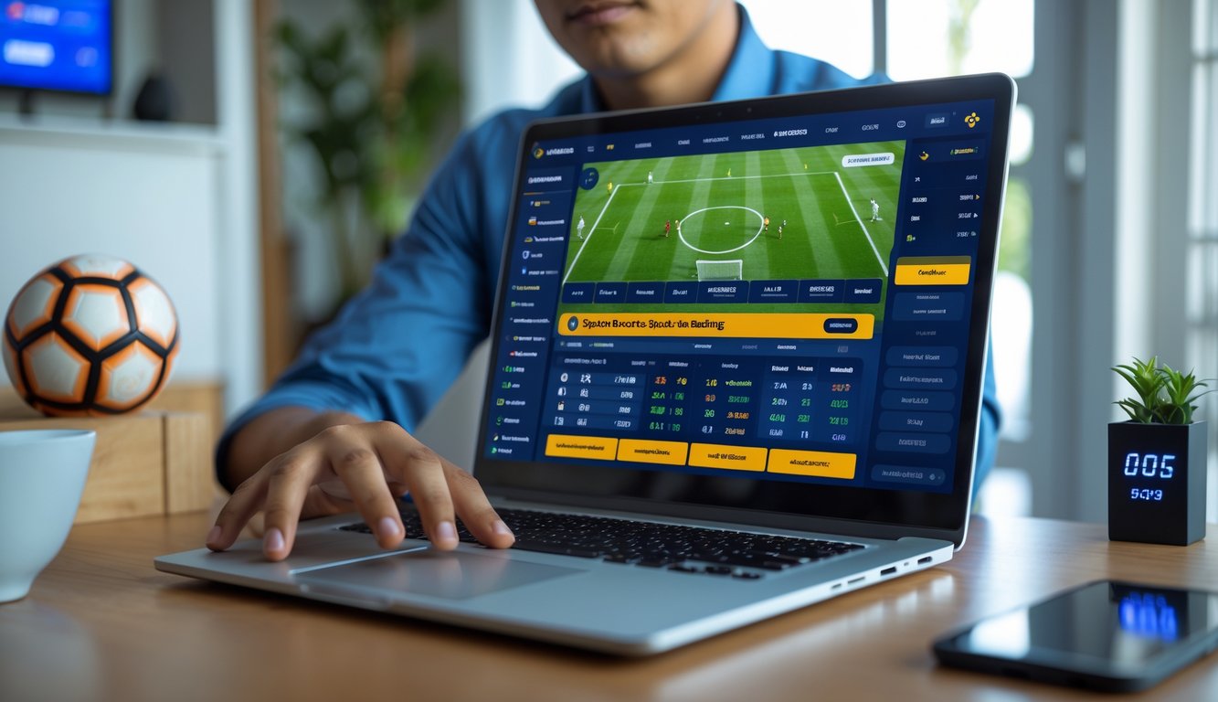 Seorang pria Indonesia menggunakan laptop di ruang kerja rumah dengan tampilan taruhan sepak bola online di layar.