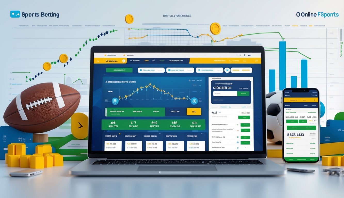 Sebuah meja kerja dengan laptop yang menampilkan antarmuka situs taruhan olahraga online, dikelilingi bola sepak dan smartphone dengan pembaruan taruhan langsung.