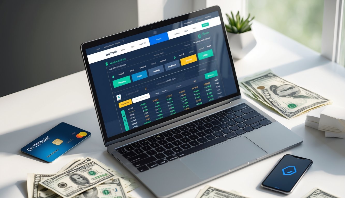 Seorang pengguna sedang melihat layar laptop yang menampilkan situs taruhan bola online dengan berbagai pilihan pasaran dan simbol pembayaran cepat di meja kerja.