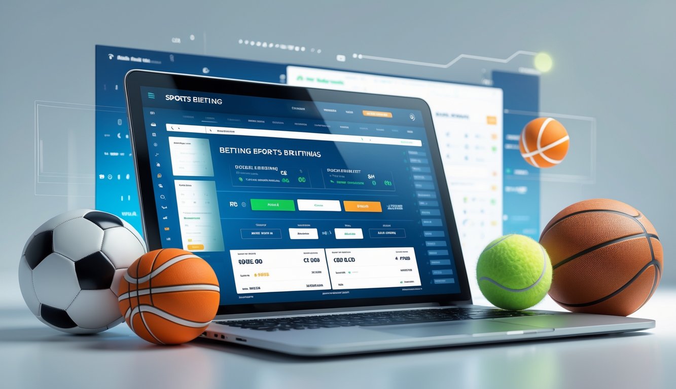 Seorang pria menggunakan laptop dengan layar menampilkan situs taruhan olahraga, dikelilingi bola sepak, bola basket, dan bola tenis di atas meja.