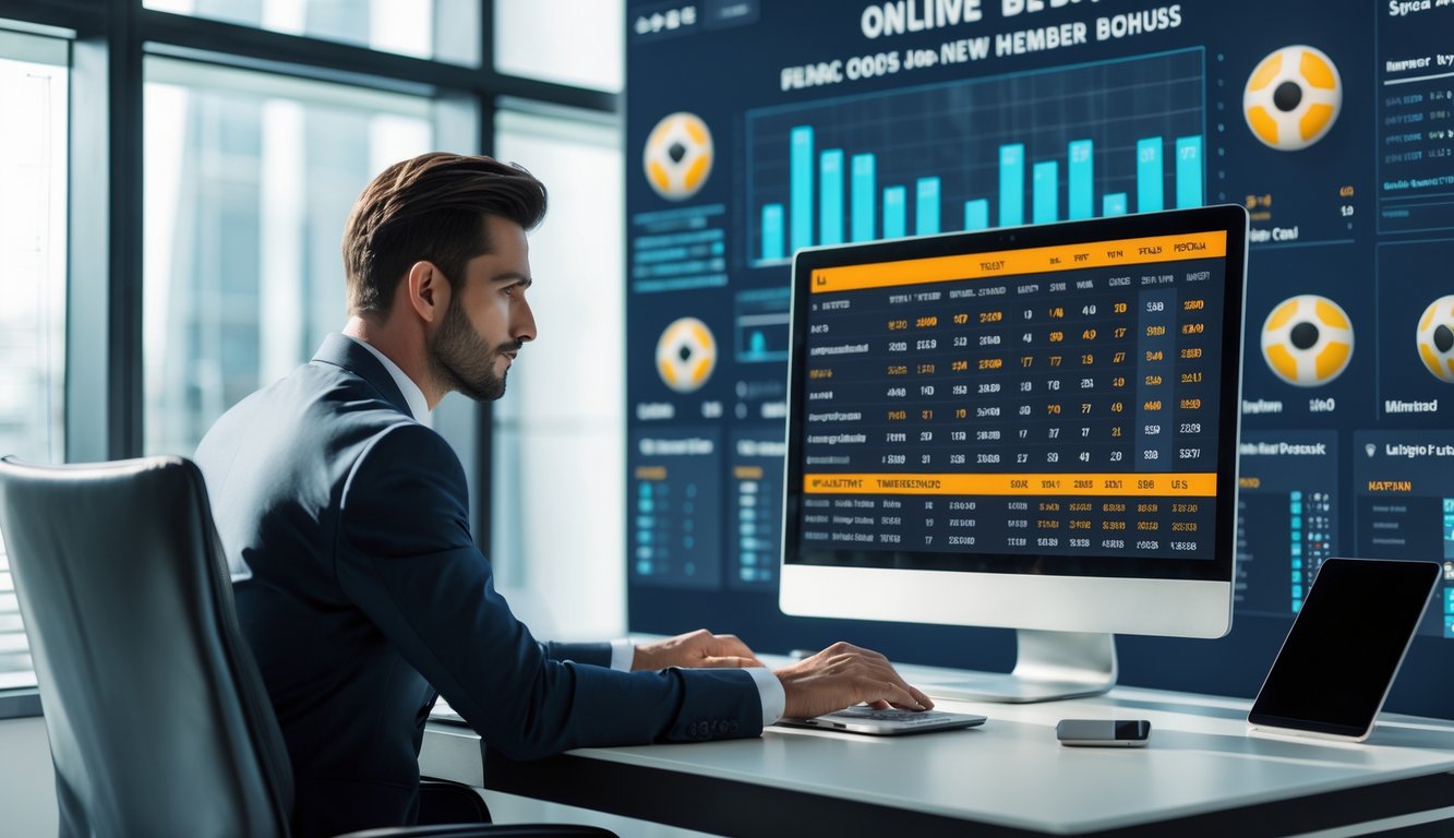 Seorang pria profesional duduk di meja dengan komputer yang menampilkan statistik taruhan bola online, di ruang kantor modern.